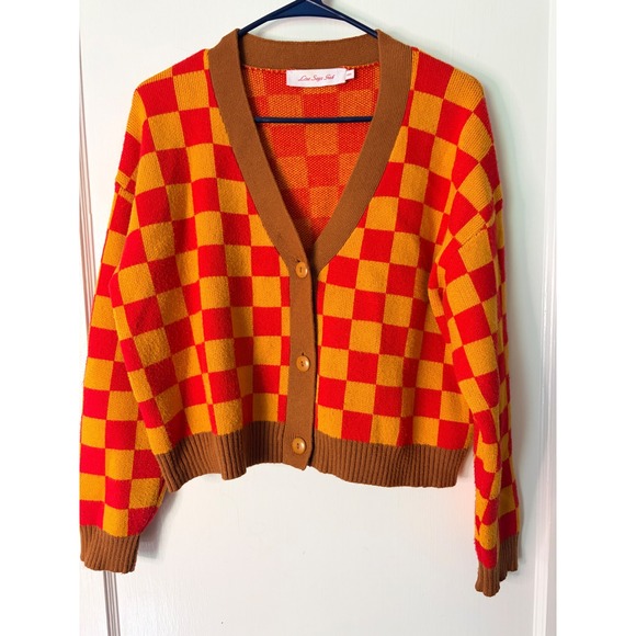 Lisa Says Gah Sweaters - Lisa Says Gah Checkered Cardigan Sweater Red Orange Yellow XS/S Button Front
